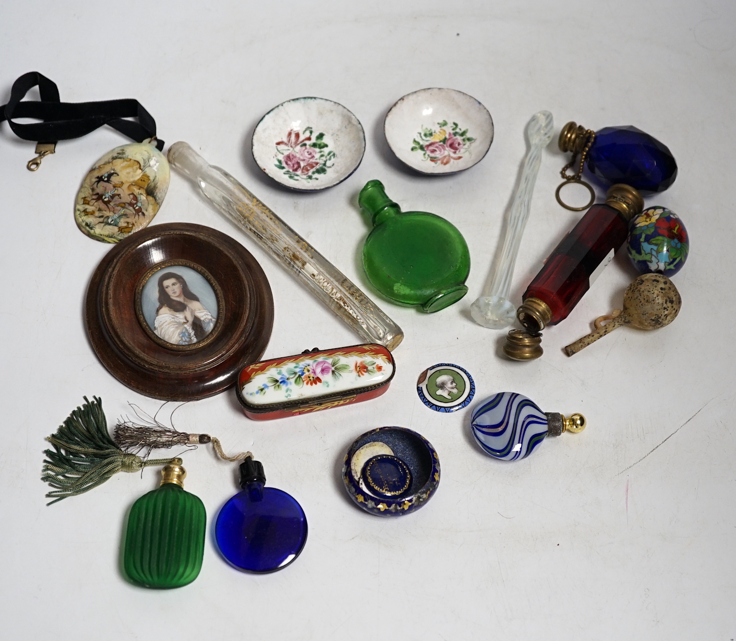 A collection of scent bottles, a miniature antiquity vessel and a miniature of a lady